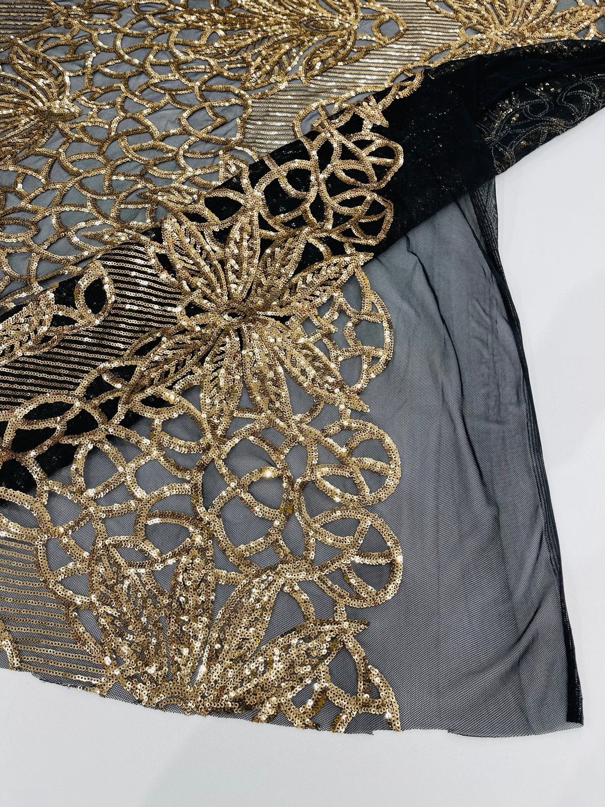 Feather Damask Sequin Design 4 Way Stretch Mesh Fabric - Floral Damask, Iridescent Sequins, 4 Way Stretch, 1 Yard