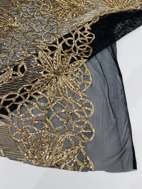 Feather Damask Sequin Design 4 Way Stretch Mesh Fabric - Floral Damask, Iridescent Sequins, 4 Way Stretch, 1 Yard