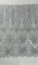 Feather Damask Sequin Design 4 Way Stretch Mesh Fabric - Floral Damask, Iridescent Sequins, 4 Way Stretch, 1 Yard
