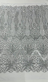 Feather Damask Sequin Design 4 Way Stretch Mesh Fabric - Floral Damask, Iridescent Sequins, 4 Way Stretch, 1 Yard