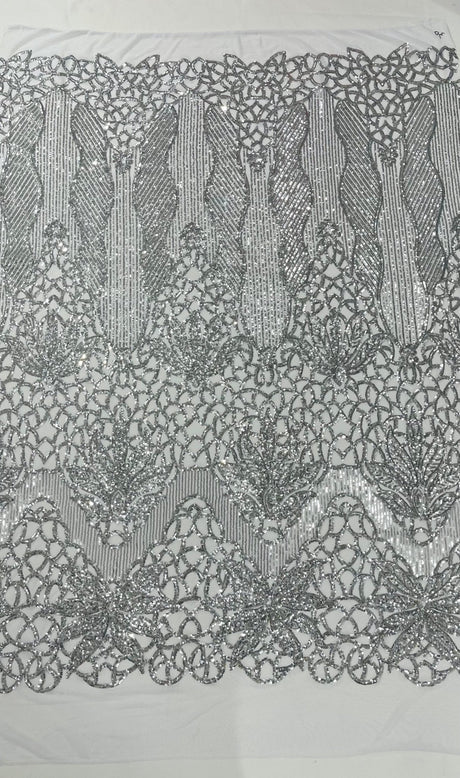 Feather Damask Sequin Design 4 Way Stretch Mesh Fabric - Floral Damask, Iridescent Sequins, 4 Way Stretch, 1 Yard