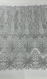 Feather Damask Sequin Design 4 Way Stretch Mesh Fabric - Floral Damask, Iridescent Sequins, 4 Way Stretch, 1 Yard