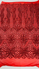 Feather Damask Sequin Design 4 Way Stretch Mesh Fabric - Floral Damask, Iridescent Sequins, 4 Way Stretch, 1 Yard