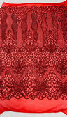 Feather Damask Sequin Design 4 Way Stretch Mesh Fabric - Floral Damask, Iridescent Sequins, 4 Way Stretch, 1 Yard