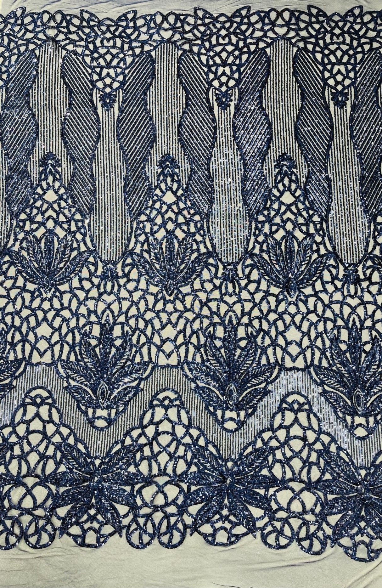 Feather Damask Sequin Design 4 Way Stretch Mesh Fabric - Floral Damask, Iridescent Sequins, 4 Way Stretch, 1 Yard