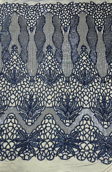 Feather Damask Sequin Design 4 Way Stretch Mesh Fabric - Floral Damask, Iridescent Sequins, 4 Way Stretch, 1 Yard