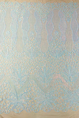 Feather Damask Sequin Design 4 Way Stretch Mesh Fabric - Floral Damask, Iridescent Sequins, 4 Way Stretch, 1 Yard