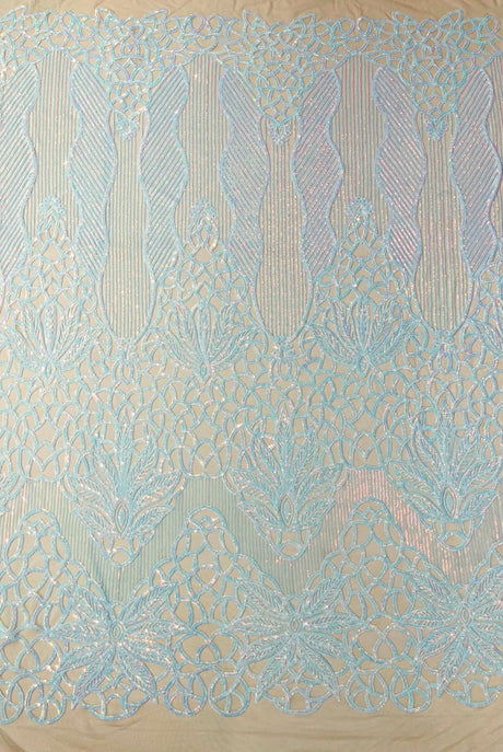 Feather Damask Sequin Design 4 Way Stretch Mesh Fabric - Floral Damask, Iridescent Sequins, 4 Way Stretch, 1 Yard