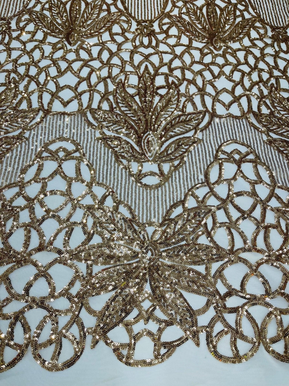 Feather Damask Sequin Design 4 Way Stretch Mesh Fabric - Floral Damask, Iridescent Sequins, 4 Way Stretch, 1 Yard