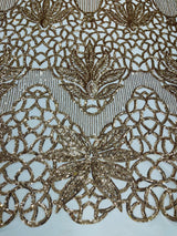 Feather Damask Sequin Design 4 Way Stretch Mesh Fabric - Floral Damask, Iridescent Sequins, 4 Way Stretch, 1 Yard
