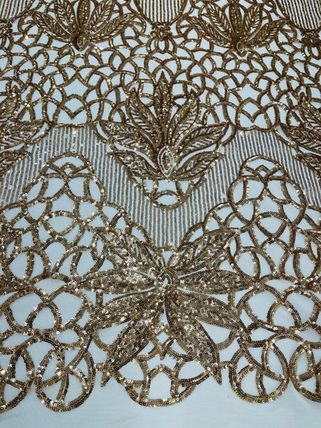 Feather Damask Sequin Design 4 Way Stretch Mesh Fabric - Floral Damask, Iridescent Sequins, 4 Way Stretch, 1 Yard