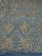 Feather Damask Sequin Design 4 Way Stretch Mesh Fabric - Floral Damask, Iridescent Sequins, 4 Way Stretch, 1 Yard