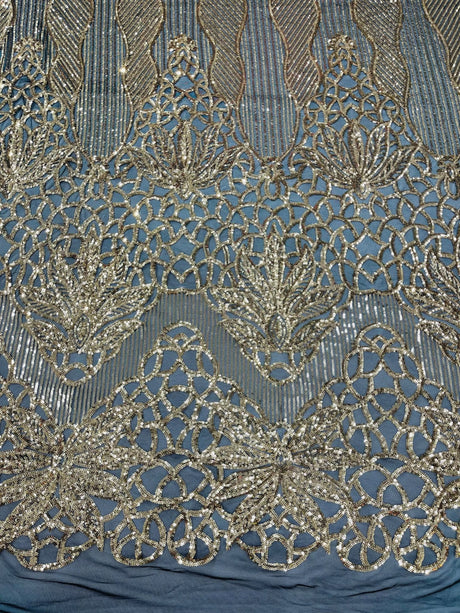 Feather Damask Sequin Design 4 Way Stretch Mesh Fabric - Floral Damask, Iridescent Sequins, 4 Way Stretch, 1 Yard