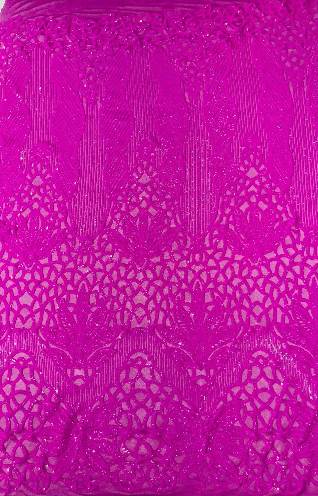 Feather Damask Sequin Design 4 Way Stretch Mesh Fabric - Floral Damask, Iridescent Sequins, 4 Way Stretch, 1 Yard