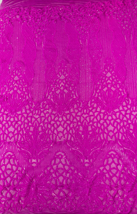 Feather Damask Sequin Design 4 Way Stretch Mesh Fabric - Floral Damask, Iridescent Sequins, 4 Way Stretch, 1 Yard