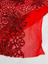 Feather Damask Sequin Design 4 Way Stretch Mesh Fabric - Floral Damask, Iridescent Sequins, 4 Way Stretch, 1 Yard