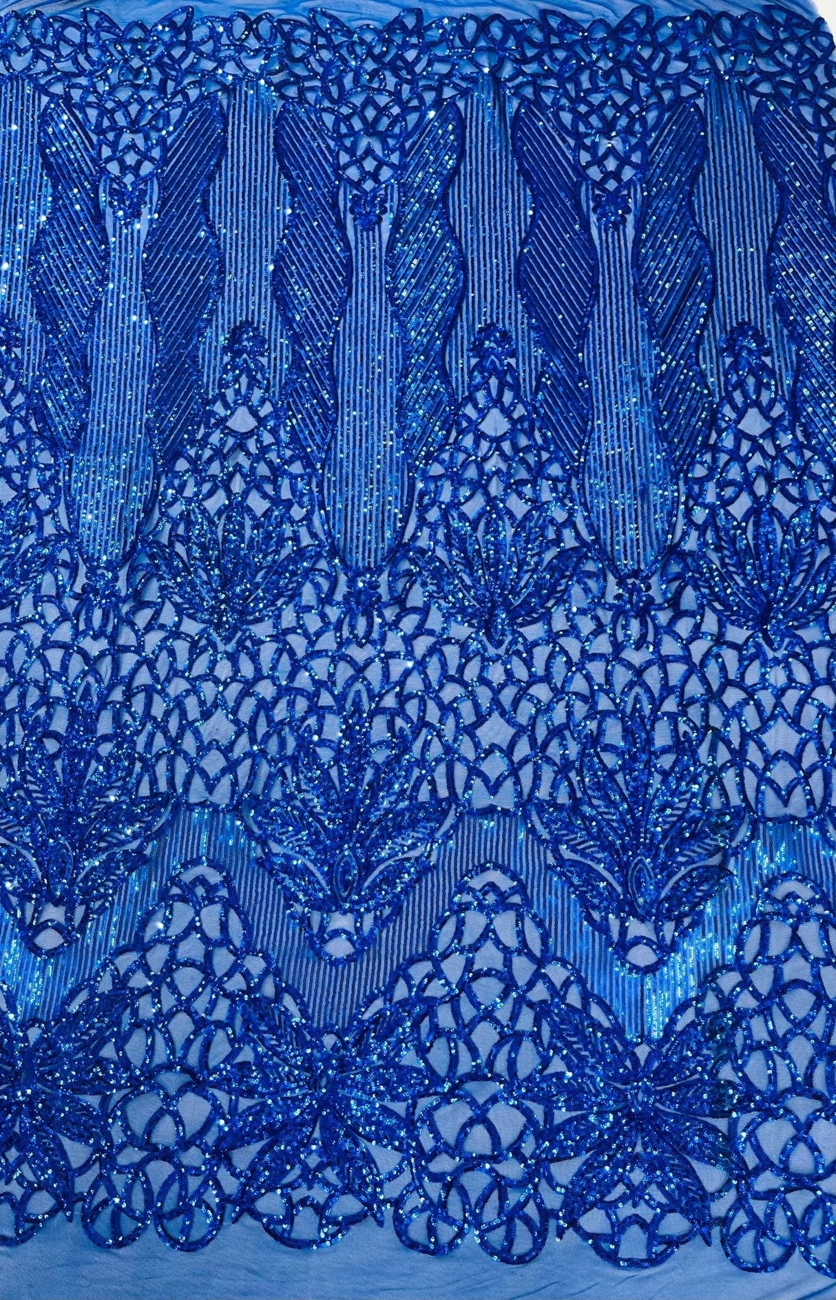 Feather Damask Sequin Design 4 Way Stretch Mesh Fabric - Floral Damask, Iridescent Sequins, 4 Way Stretch, 1 Yard