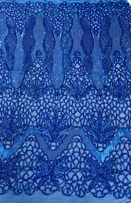 Feather Damask Sequin Design 4 Way Stretch Mesh Fabric - Floral Damask, Iridescent Sequins, 4 Way Stretch, 1 Yard