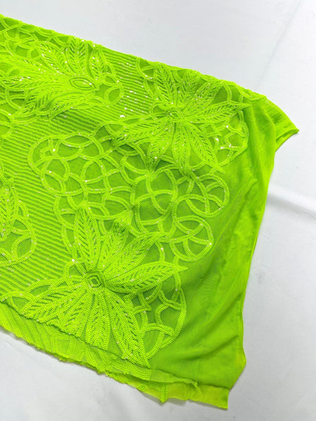 Feather Damask Sequin Design 4 Way Stretch Mesh Fabric - Floral Damask, Iridescent Sequins, 4 Way Stretch, 1 Yard