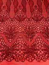 Feather Damask Sequin Design 4 Way Stretch Mesh Fabric - Floral Damask, Iridescent Sequins, 4 Way Stretch, 1 Yard
