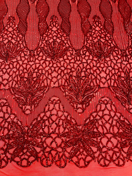 Feather Damask Sequin Design 4 Way Stretch Mesh Fabric - Floral Damask, Iridescent Sequins, 4 Way Stretch, 1 Yard