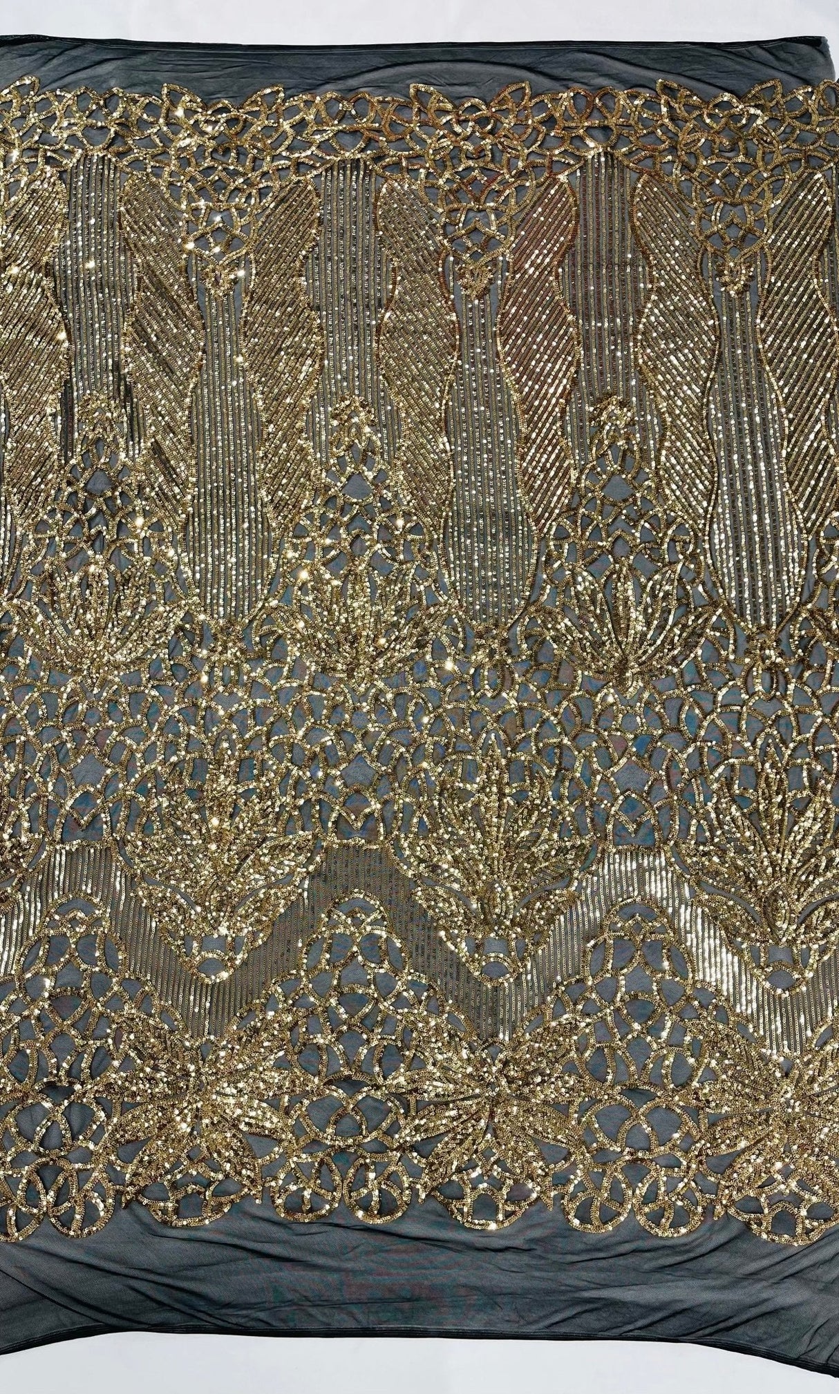 Feather Damask Sequin Design 4 Way Stretch Mesh Fabric - Floral Damask, Iridescent Sequins, 4 Way Stretch, 1 Yard