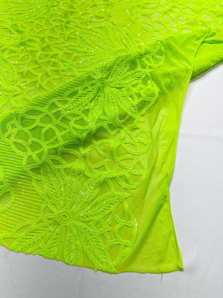 Feather Damask Sequin Design 4 Way Stretch Mesh Fabric - Floral Damask, Iridescent Sequins, 4 Way Stretch, 1 Yard