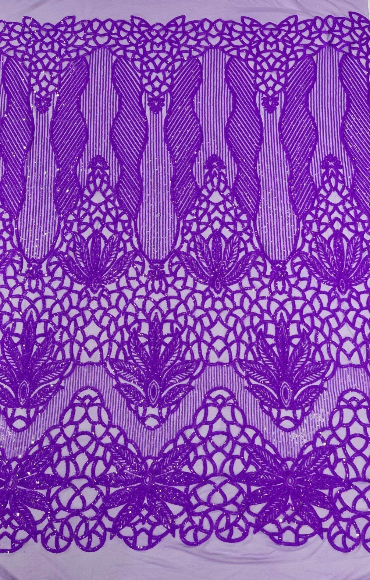 Feather Damask Sequin Design 4 Way Stretch Mesh Fabric - Floral Damask, Iridescent Sequins, 4 Way Stretch, 1 Yard