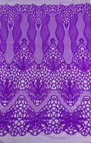 Feather Damask Sequin Design 4 Way Stretch Mesh Fabric - Floral Damask, Iridescent Sequins, 4 Way Stretch, 1 Yard