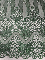 Feather Damask Sequin Design 4 Way Stretch Mesh Fabric - Floral Damask, Iridescent Sequins, 4 Way Stretch, 1 Yard