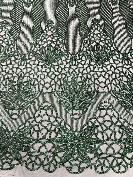 Feather Damask Sequin Design 4 Way Stretch Mesh Fabric - Floral Damask, Iridescent Sequins, 4 Way Stretch, 1 Yard