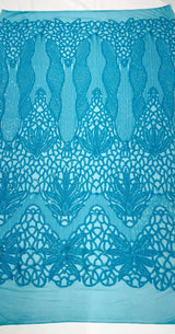 Feather Damask Sequin Design 4 Way Stretch Mesh Fabric - Floral Damask, Iridescent Sequins, 4 Way Stretch, 1 Yard