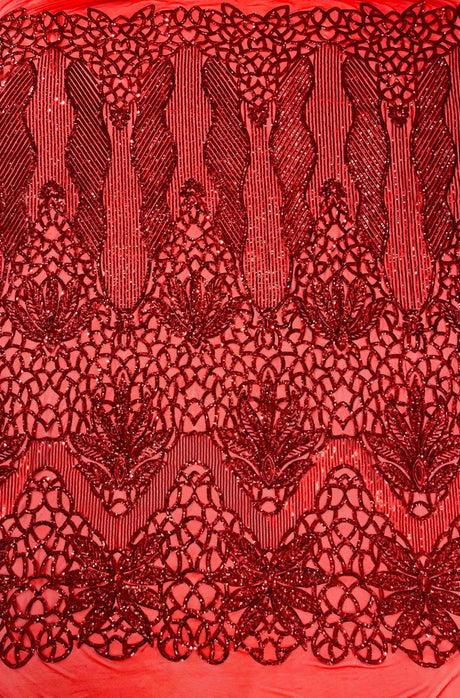 Feather Damask Sequin Design 4 Way Stretch Mesh Fabric - Floral Damask, Iridescent Sequins, 4 Way Stretch, 1 Yard