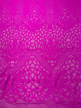 Feather Damask Sequin Design 4 Way Stretch Mesh Fabric - Floral Damask, Iridescent Sequins, 4 Way Stretch, 1 Yard