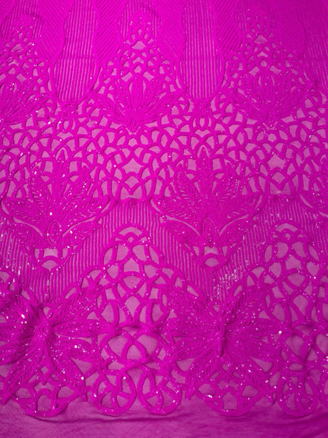 Feather Damask Sequin Design 4 Way Stretch Mesh Fabric - Floral Damask, Iridescent Sequins, 4 Way Stretch, 1 Yard