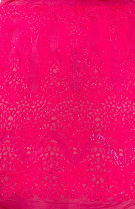 Feather Damask Sequin Design 4 Way Stretch Mesh Fabric - Floral Damask, Iridescent Sequins, 4 Way Stretch, 1 Yard