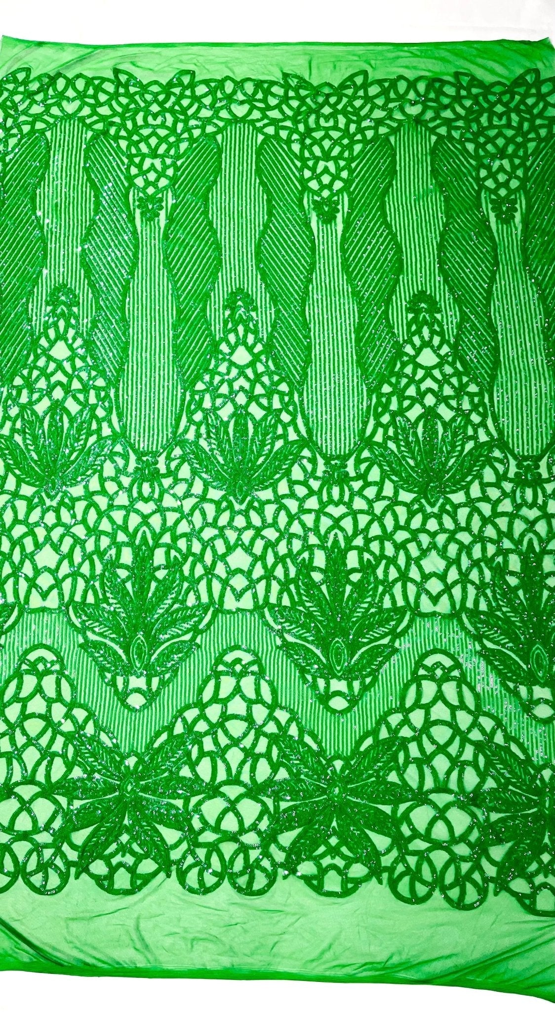 Feather Damask Sequin Design 4 Way Stretch Mesh Fabric - Floral Damask, Iridescent Sequins, 4 Way Stretch, 1 Yard