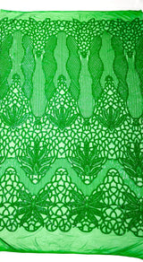 Feather Damask Sequin Design 4 Way Stretch Mesh Fabric - Floral Damask, Iridescent Sequins, 4 Way Stretch, 1 Yard