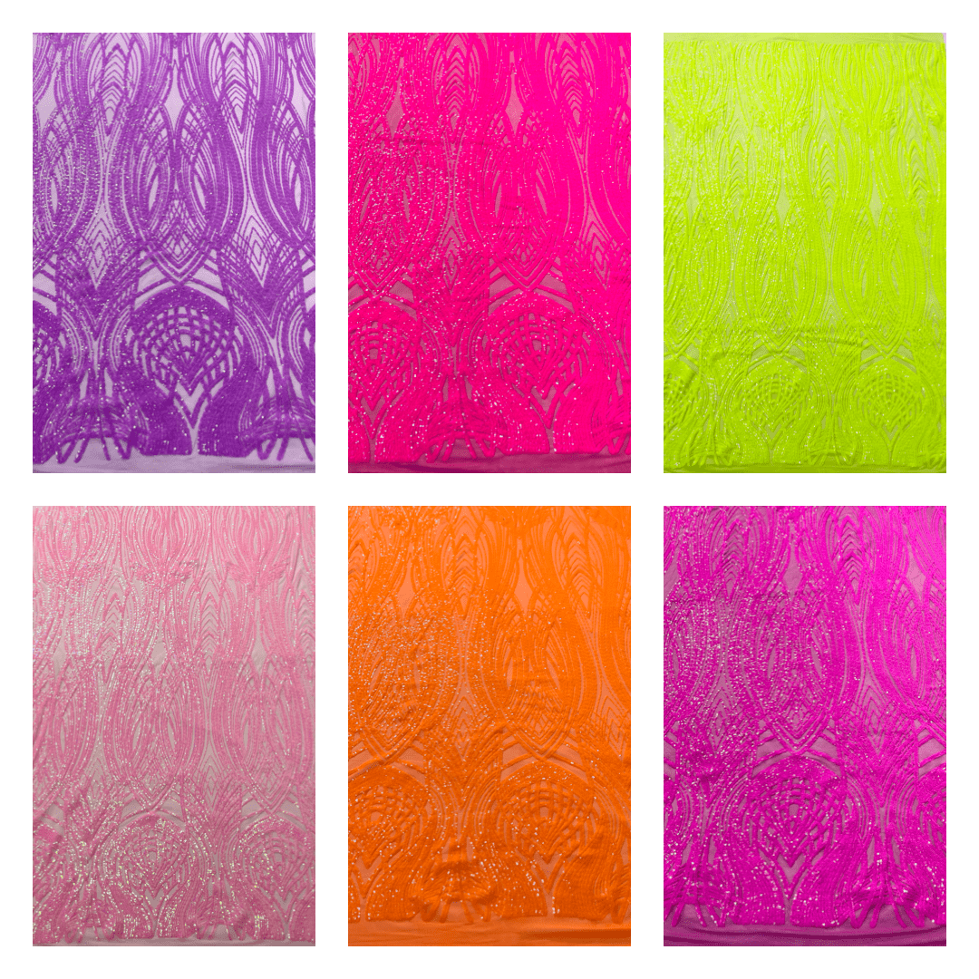 Feather Damask Shiny Sequin Design 4 Way Stretch Mesh Fabric - Iridescent Sequin Embroidered Mesh, 48-50" Width, 36" Length (1 Yard)