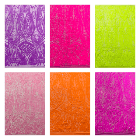 Feather Damask Shiny Sequin Design 4 Way Stretch Mesh Fabric - Iridescent Sequin Embroidered Mesh, 48-50" Width, 36" Length (1 Yard)