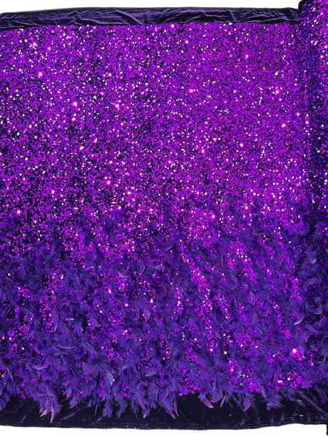 Feather Sequin Velvet Fabric - Feather And Sequin Design, 54" Width (1 Yard)