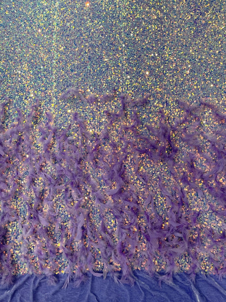 Feather Sequin Velvet Fabric - Feather And Sequin Design, 54" Width (1 Yard)