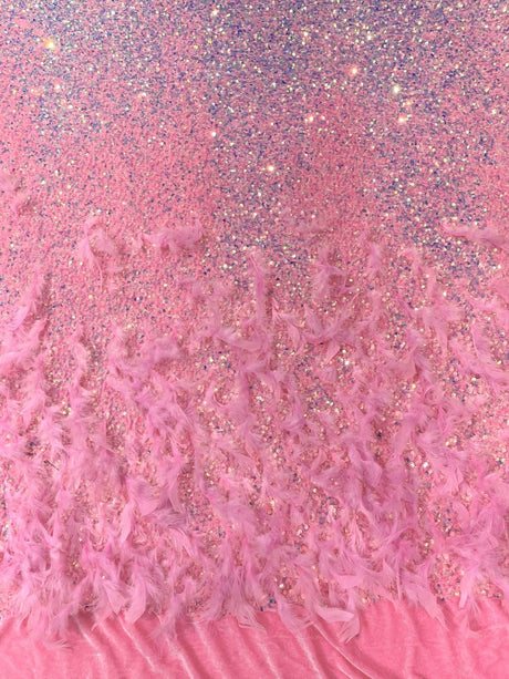Feather Sequin Velvet Fabric - Feather And Sequin Design, 54" Width (1 Yard)