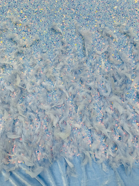 Feather Sequin Velvet Fabric - Feather And Sequin Design, 54" Width (1 Yard)