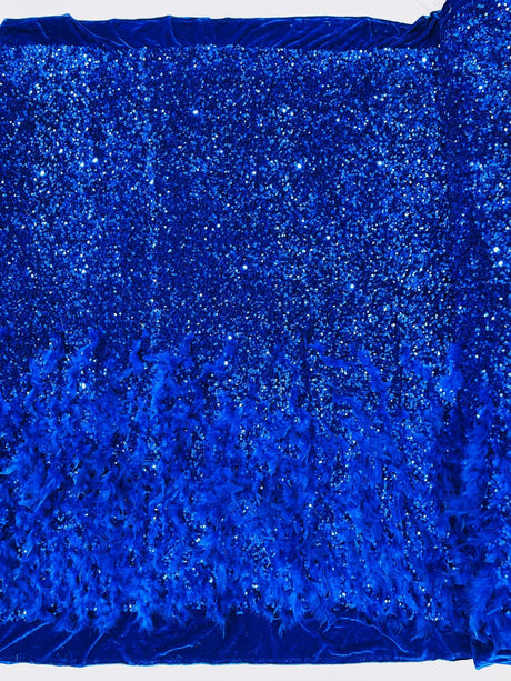Feather Sequin Velvet Fabric - Feather And Sequin Design, 54" Width (1 Yard)