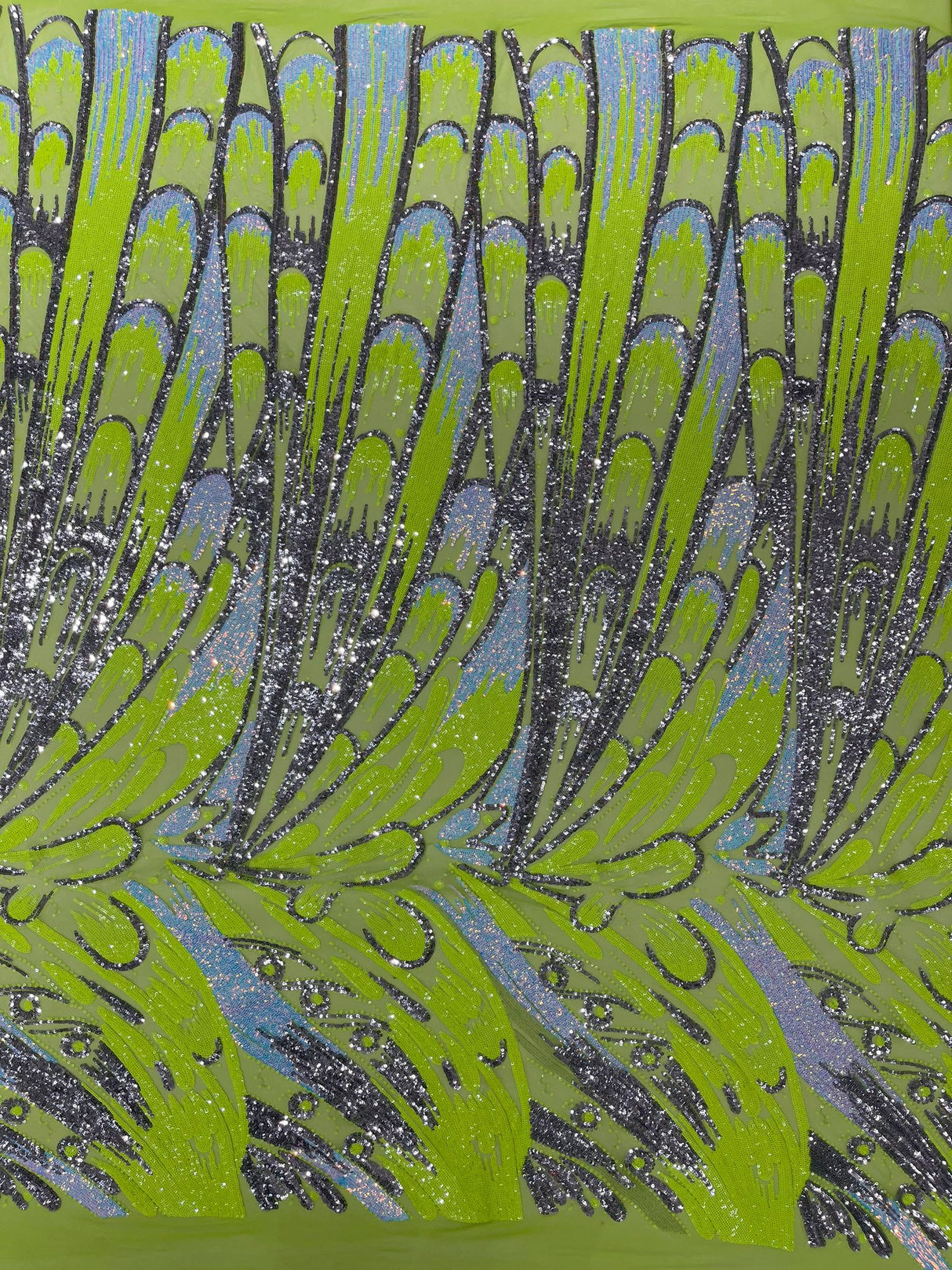 Feather Wing Sequin Fabric - Iridescent Feather Damask, 54" Width (1 Yard)