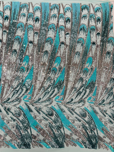 Feather Wing Sequin Fabric - Iridescent Feather Damask, 54" Width (1 Yard)