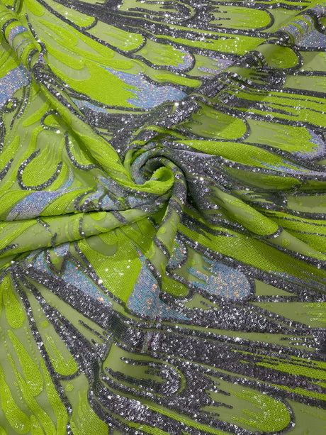 Feather Wing Sequin Fabric - Iridescent Feather Damask, 54" Width (1 Yard)