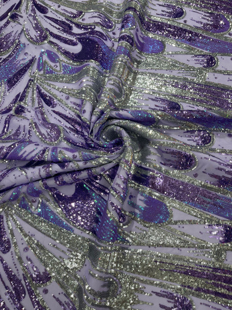Feather Wing Sequin Fabric - Iridescent Feather Damask, 54" Width (1 Yard)