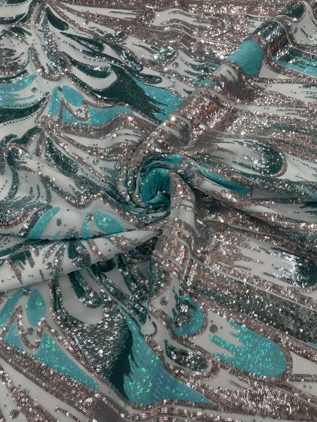 Feather Wing Sequin Fabric - Iridescent Feather Damask, 54" Width (1 Yard)